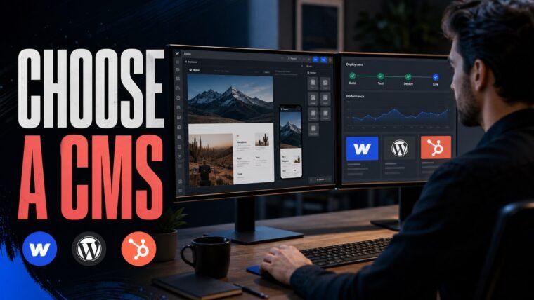 Thumbnail for how to choose a CMS showing a developer or site owner at a dual-monitor workspace with a realistic website builder or cloud console, deployment status, performance chart, content blocks, and responsive