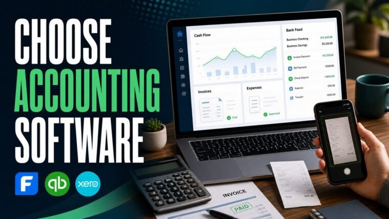 Thumbnail for how to choose accounting software showing a welcoming small-business finance workspace with a realistic bookkeeping dashboard, bank feed, invoice, receipt capture, calculator, cash-flow chart, and approval