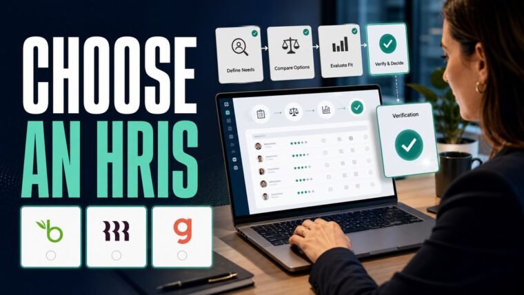 Thumbnail for how to choose an HRIS showing a modern business professional completing the real workflow behind how to choose an hris on a premium laptop, supported by realistic software ui, process cards, analytics, and