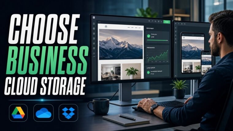 Thumbnail for how to choose business cloud storage showing a developer or site owner at a dual-monitor workspace with a realistic website builder or cloud console, deployment status, performance chart, content blocks,