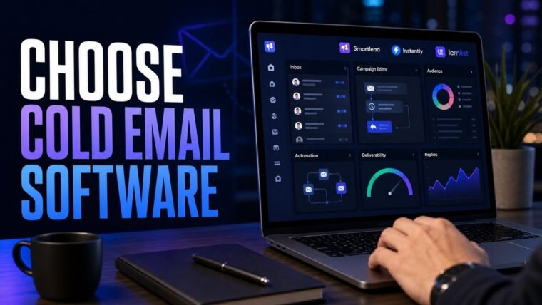 Thumbnail for how to choose cold email software showing a modern email marketing cockpit with an inbox, campaign editor, audience segments, automation journey, deliverability gauge, and reply or conversion analytics