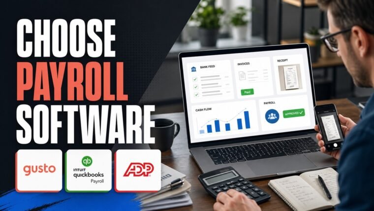 Thumbnail for how to choose payroll software showing a welcoming small-business finance workspace with a realistic bookkeeping dashboard, bank feed, invoice, receipt capture, calculator, cash-flow chart, and approval