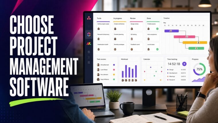 Thumbnail for how to choose project management software showing a collaborative team workspace with a realistic kanban board, timeline, task owners, calendar, workload chart, time tracking, and progress indicators