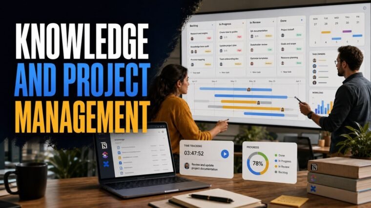 Thumbnail for knowledge and project management showing a collaborative team workspace with a realistic kanban board, timeline, task owners, calendar, workload chart, time tracking, and progress indicators