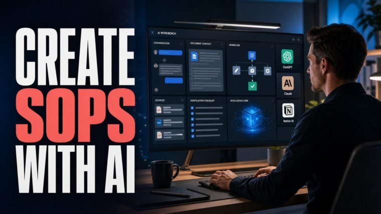 Thumbnail for how to create SOPs with AI showing a focused professional using an advanced ai workbench with a credible conversation panel, source cards, document context, workflow modules, verification checklist, and a