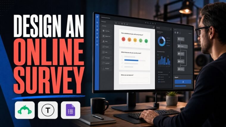 Thumbnail for how to design an online survey showing a creative professional at a modern workstation with a realistic editor timeline, preview canvas, asset controls, analytics panel, export workflow, and polished