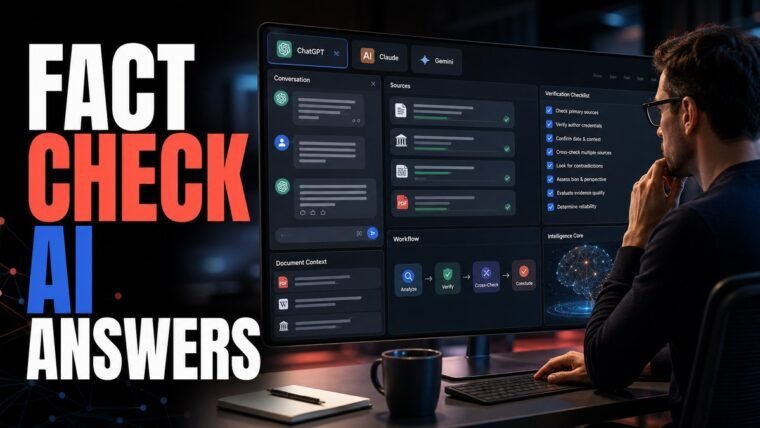 Thumbnail for how to fact check AI answers showing a focused professional using an advanced ai workbench with a credible conversation panel, source cards, document context, workflow modules, verification checklist, and
