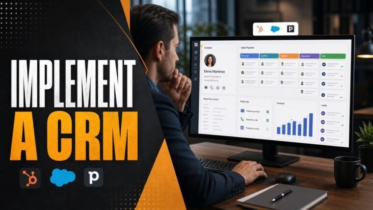 Thumbnail for how to implement a CRM showing a business professional using a realistic crm workspace with a customer profile, sales pipeline, lead cards, follow-up reminders, forecasting chart, and clean analytics