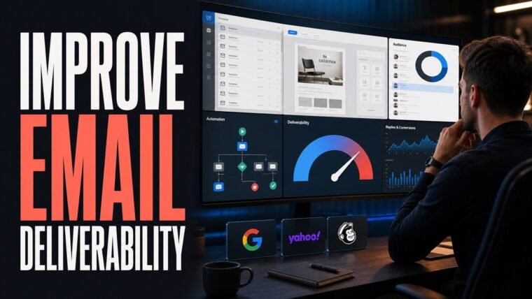 Thumbnail for how to improve email deliverability showing a modern email marketing cockpit with an inbox, campaign editor, audience segments, automation journey, deliverability gauge, and reply or conversion analytics