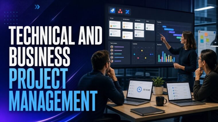 Thumbnail for technical and business project management showing a collaborative team workspace with a realistic kanban board, timeline, task owners, calendar, workload chart, time tracking, and progress indicators