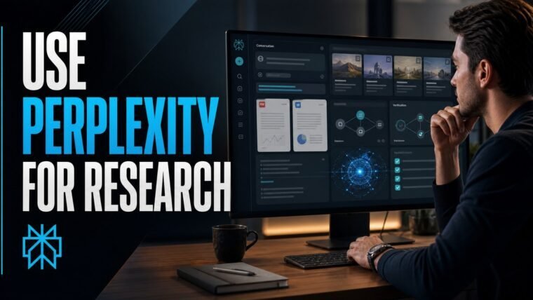 Thumbnail for how to use Perplexity for research showing a focused professional using an advanced ai workbench with a credible conversation panel, source cards, document context, workflow modules, verification