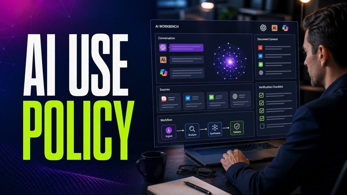 Thumbnail for AI use policy showing a focused professional using an advanced ai workbench with a credible conversation panel, source cards, document context, workflow modules, verification checklist, and a subtle