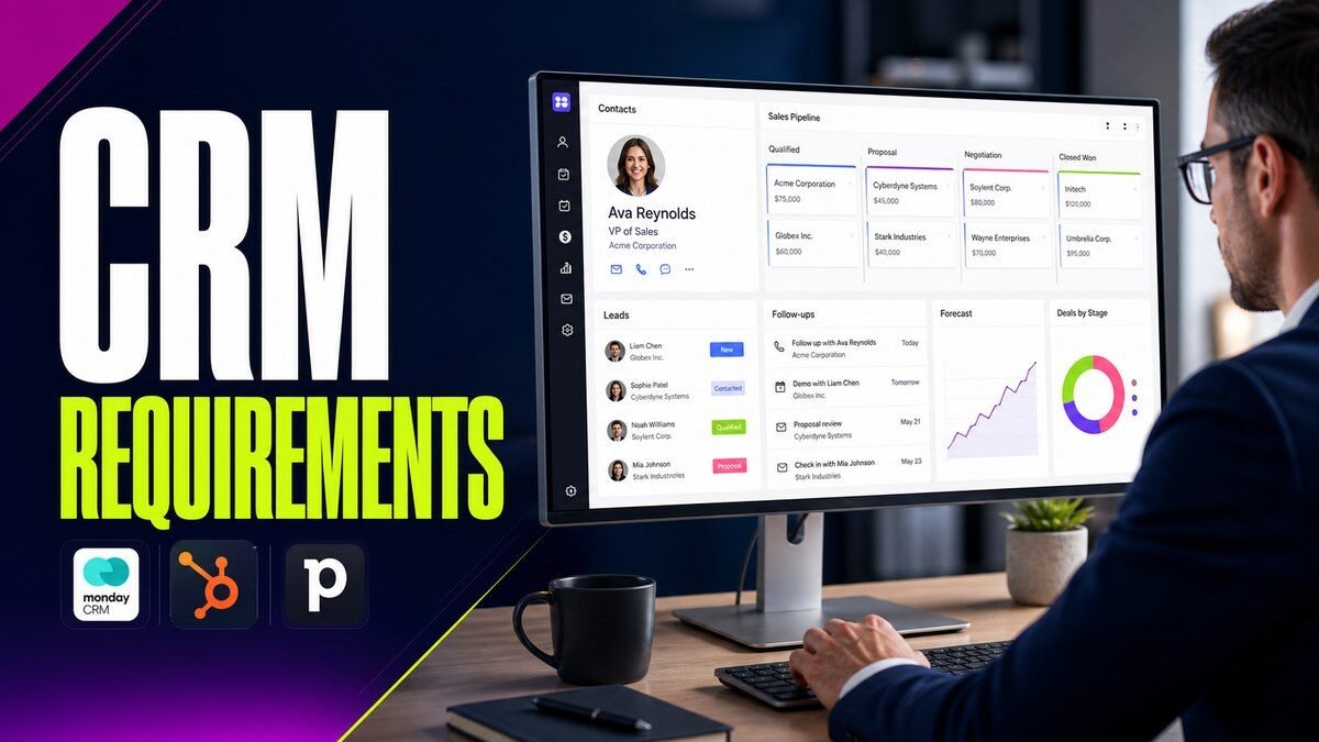 Thumbnail for CRM requirements showing a business professional using a realistic crm workspace with a customer profile, sales pipeline, lead cards, follow-up reminders, forecasting chart, and clean analytics