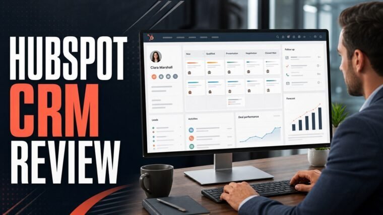 Thumbnail for HubSpot CRM review showing a business professional using a realistic crm workspace with a customer profile, sales pipeline, lead cards, follow-up reminders, forecasting chart, and clean analytics