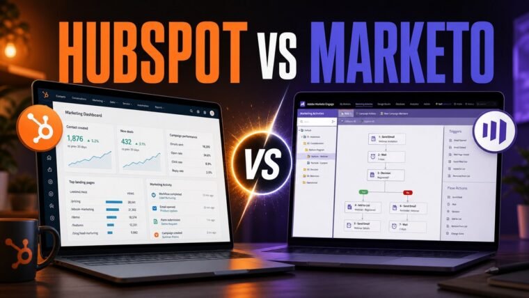 Thumbnail for HubSpot vs Marketo showing a premium split-screen product comparison: hubspot marketing hub on the left and adobe marketo engage on the right, each represented by a realistic, distinct workflow interface
