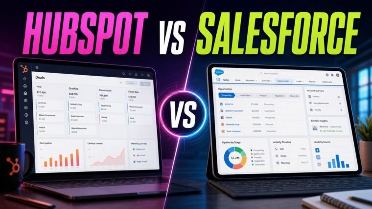 Thumbnail for HubSpot vs Salesforce showing a premium split-screen product comparison: hubspot on the left and salesforce on the right, each represented by a realistic, distinct workflow interface