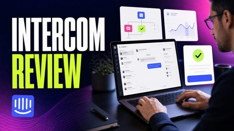 Thumbnail for Intercom review showing a modern business professional completing the real workflow behind intercom review on a premium laptop, supported by realistic software ui, process cards, analytics, and a clear