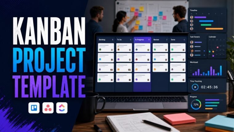 Thumbnail for Kanban project template showing a collaborative team workspace with a realistic kanban board, timeline, task owners, calendar, workload chart, time tracking, and progress indicators