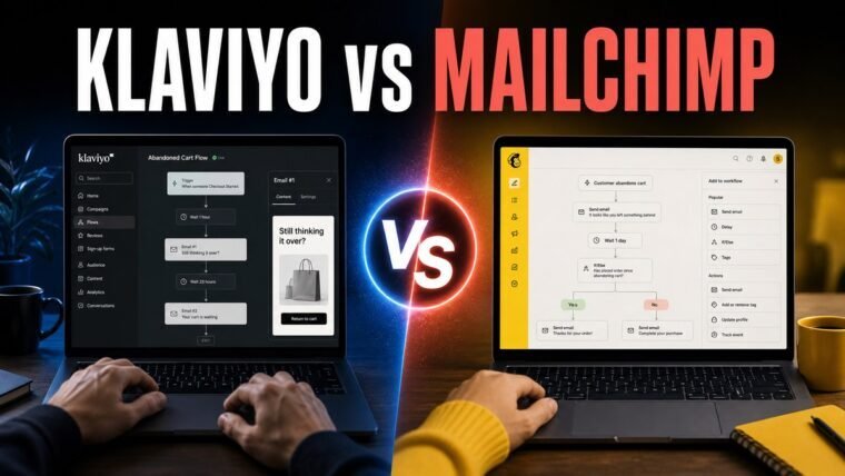 Thumbnail for Klaviyo vs Mailchimp showing a premium split-screen product comparison: klaviyo on the left and mailchimp on the right, each represented by a realistic, distinct workflow interface