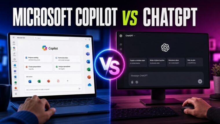 Thumbnail for Microsoft Copilot vs ChatGPT showing a premium split-screen product comparison: microsoft 365 copilot on the left and chatgpt on the right, each represented by a realistic, distinct workflow interface