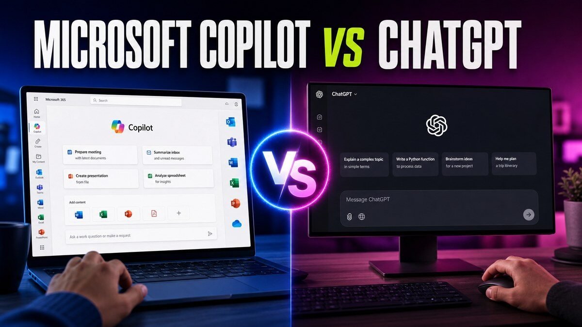 Thumbnail for Microsoft Copilot vs ChatGPT showing a premium split-screen product comparison: microsoft 365 copilot on the left and chatgpt on the right, each represented by a realistic, distinct workflow interface