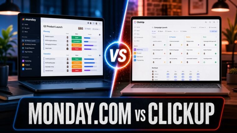 Thumbnail for monday vs ClickUp showing a premium split-screen product comparison: monday.com on the left and clickup on the right, each represented by a realistic, distinct workflow interface