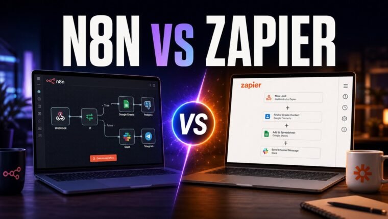Thumbnail for n8n vs Zapier showing a premium split-screen product comparison: n8n on the left and zapier on the right, each represented by a realistic, distinct workflow interface