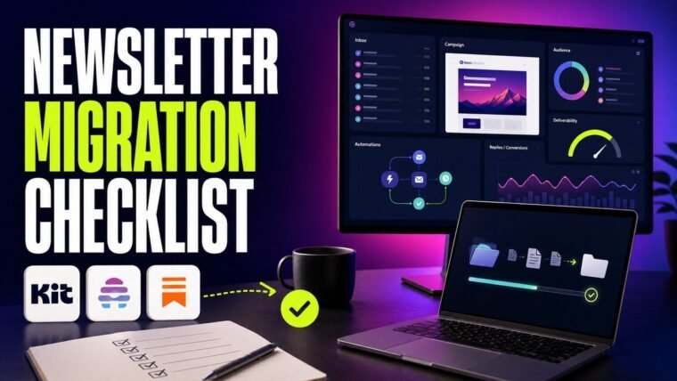 Thumbnail for newsletter migration checklist showing a modern email marketing cockpit with an inbox, campaign editor, audience segments, automation journey, deliverability gauge, and reply or conversion analytics