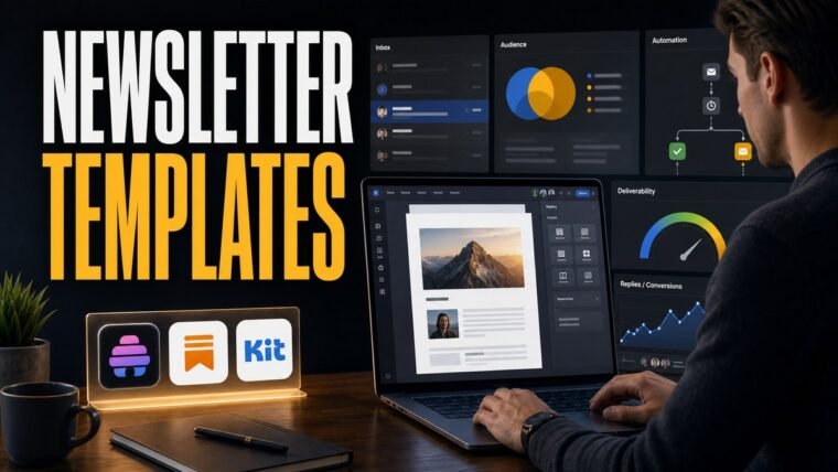 Thumbnail for newsletter templates showing a modern email marketing cockpit with an inbox, campaign editor, audience segments, automation journey, deliverability gauge, and reply or conversion analytics