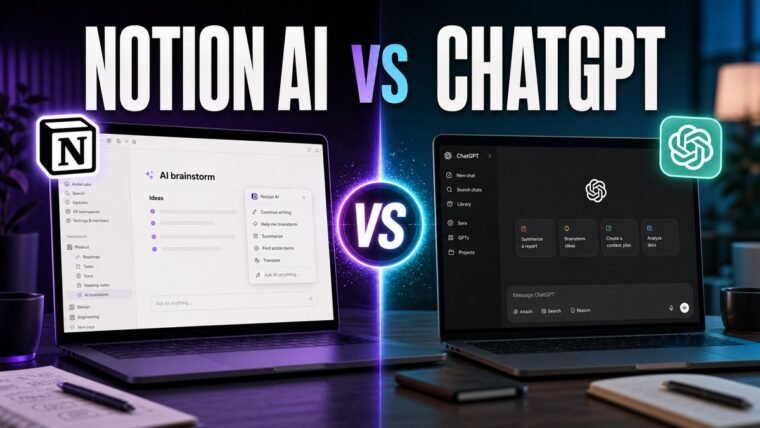 Thumbnail for Notion AI vs ChatGPT showing a premium split-screen product comparison: notion ai on the left and chatgpt on the right, each represented by a realistic, distinct workflow interface
