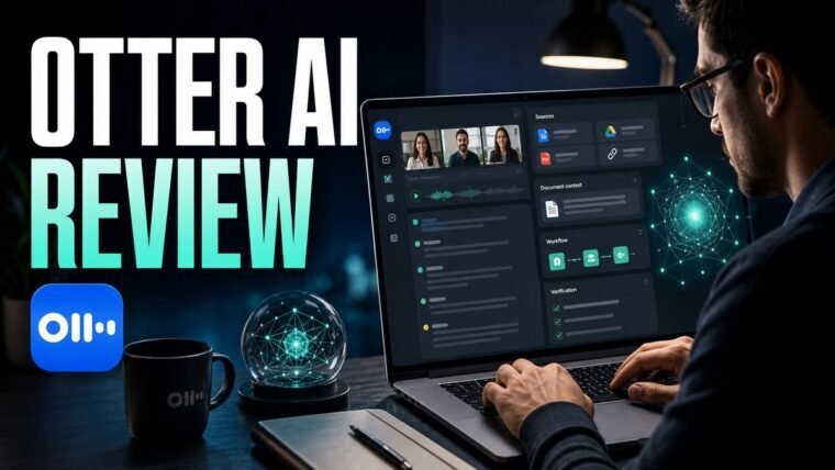 Thumbnail for Otter AI review showing a focused professional using an advanced ai workbench with a credible conversation panel, source cards, document context, workflow modules, verification checklist, and a subtle
