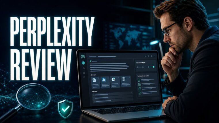 Thumbnail for Perplexity review showing a focused professional using an advanced ai workbench with a credible conversation panel, source cards, document context, workflow modules, verification checklist, and a subtle
