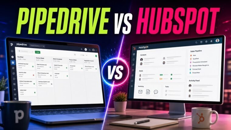 Thumbnail for Pipedrive vs HubSpot showing a premium split-screen product comparison: pipedrive on the left and hubspot on the right, each represented by a realistic, distinct workflow interface