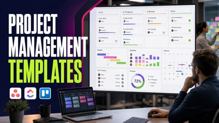 Thumbnail for project management templates showing a collaborative team workspace with a realistic kanban board, timeline, task owners, calendar, workload chart, time tracking, and progress indicators