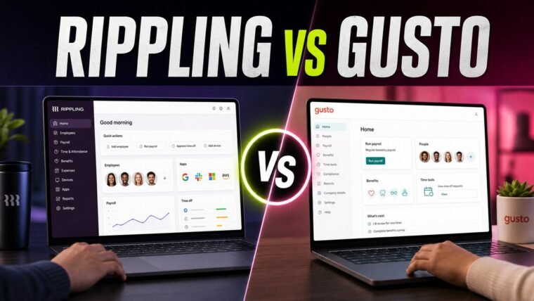 Thumbnail for Rippling vs Gusto showing a premium split-screen product comparison: rippling on the left and gusto on the right, each represented by a realistic, distinct workflow interface