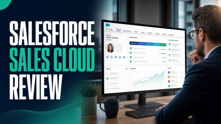 Thumbnail for Salesforce Sales Cloud review showing a business professional using a realistic crm workspace with a customer profile, sales pipeline, lead cards, follow-up reminders, forecasting chart, and clean analytics