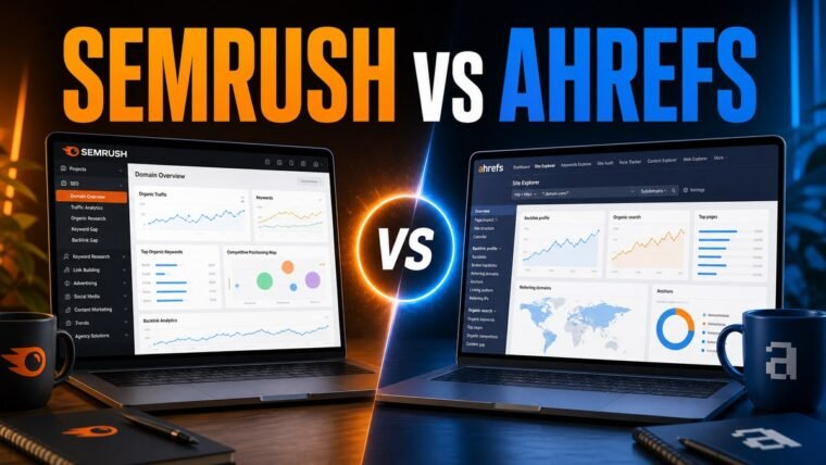 Thumbnail for Semrush vs Ahrefs showing a premium split-screen product comparison: semrush on the left and ahrefs on the right, each represented by a realistic, distinct workflow interface