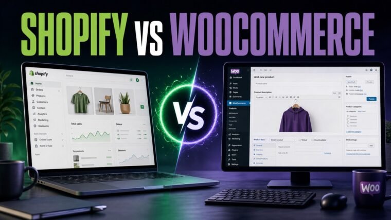 Thumbnail for Shopify vs WooCommerce showing a premium split-screen product comparison: shopify on the left and woocommerce on the right, each represented by a realistic, distinct workflow interface