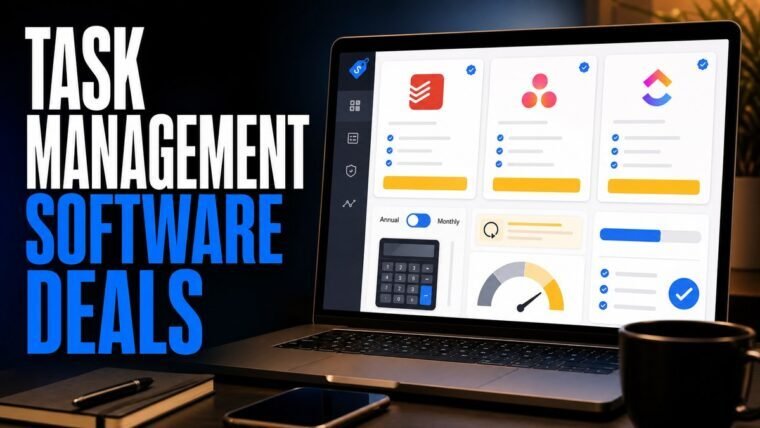 Thumbnail for task management software deals showing a premium software marketplace scene with verified offer cards, annual-versus-monthly pricing toggle, calculator, renewal notice, usage meter, risk gauge, and export