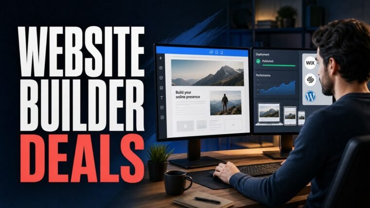 Thumbnail for website builder deals showing a developer or site owner at a dual-monitor workspace with a realistic website builder or cloud console, deployment status, performance chart, content blocks, and responsive
