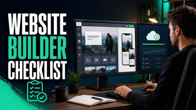 Thumbnail for website builder checklist showing a developer or site owner at a dual-monitor workspace with a realistic website builder or cloud console, deployment status, performance chart, content blocks, and