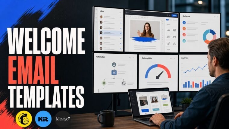 Thumbnail for welcome email templates showing a modern email marketing cockpit with an inbox, campaign editor, audience segments, automation journey, deliverability gauge, and reply or conversion analytics
