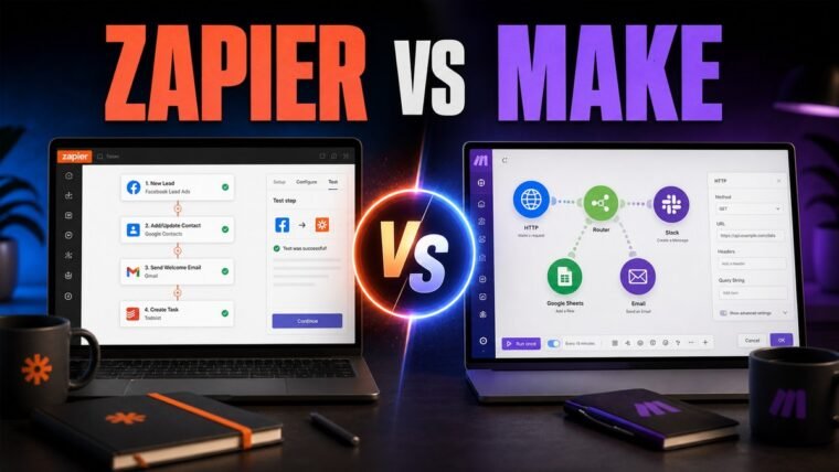 Thumbnail for Zapier vs Make showing a premium split-screen product comparison: zapier on the left and make on the right, each represented by a realistic, distinct workflow interface