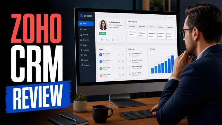 Thumbnail for Zoho CRM review showing a business professional using a realistic crm workspace with a customer profile, sales pipeline, lead cards, follow-up reminders, forecasting chart, and clean analytics