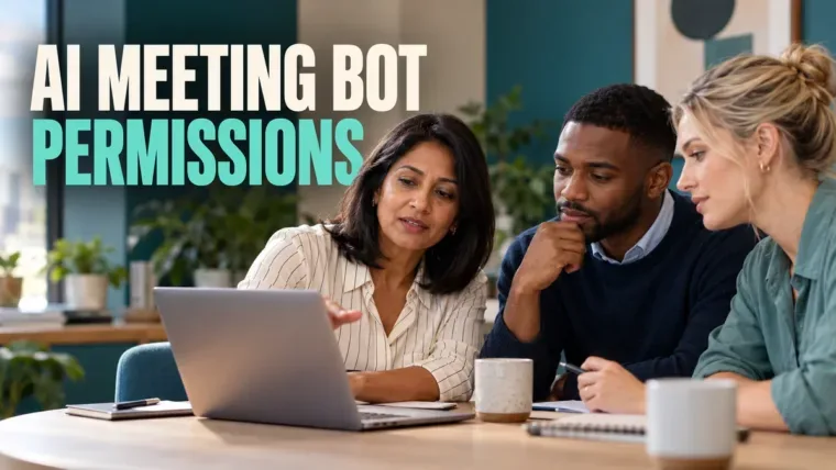 Three consultants reviewing meeting notes around a table under an AI meeting bot permissions headline