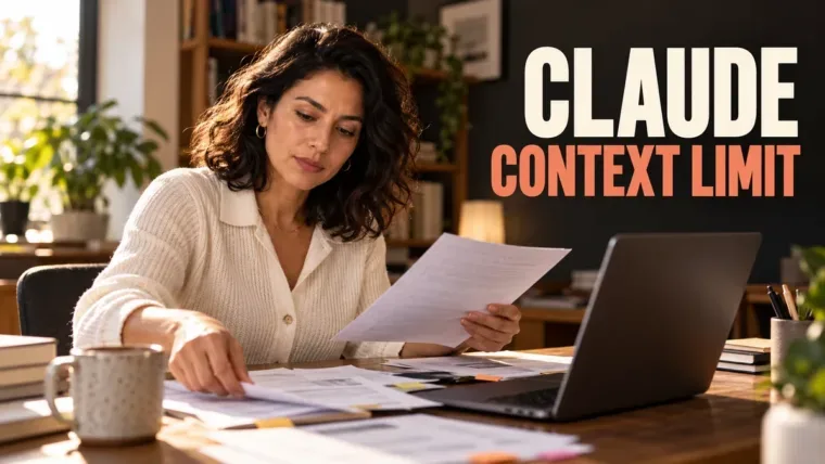 Consultant reviewing research notes beside a laptop under a Claude context limit headline