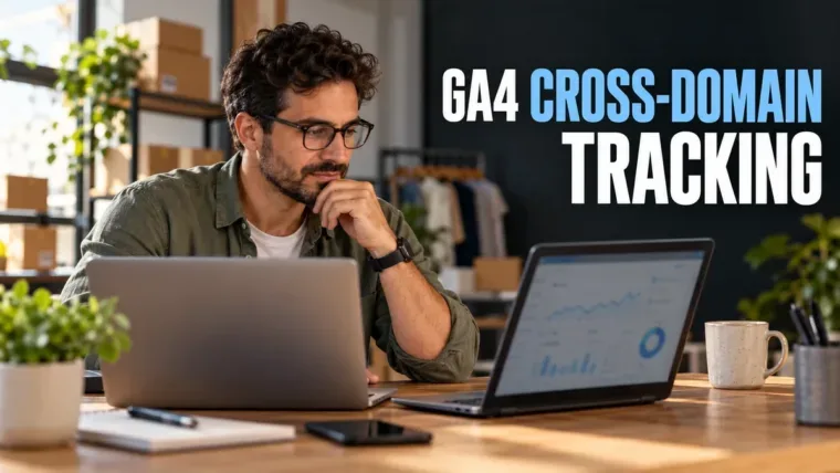 Analytics specialist reviewing two laptops for GA4 cross-domain tracking, with a clear blue and white headline