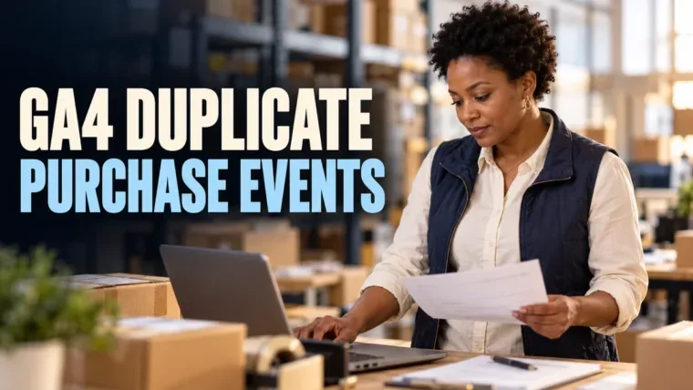 Ecommerce analyst checking order records in a warehouse office beside a GA4 duplicate purchase events headline