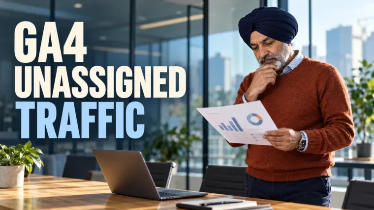 GA4 unassigned traffic guide with an analytics consultant reviewing an illustrative acquisition chart