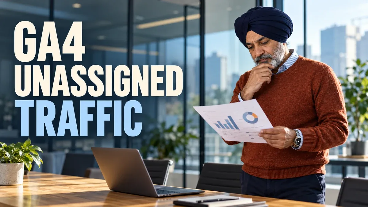 GA4 unassigned traffic guide with an analytics consultant reviewing an illustrative acquisition chart